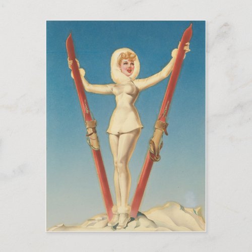 Ski Troops Girl American Weekly cover Pin Up Art Postcard