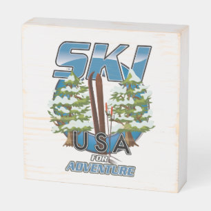 Ski USA For adventure logo. Wooden Box Sign