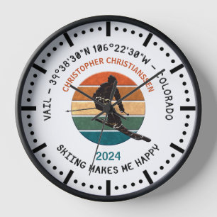 Ski Vail, Colorado - Man Skier, Black Text Clock