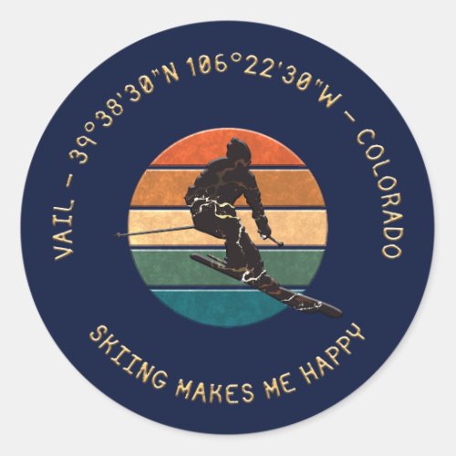 Ski Vail Colorado _ Man Skier Golden Text Classic Round Sticker