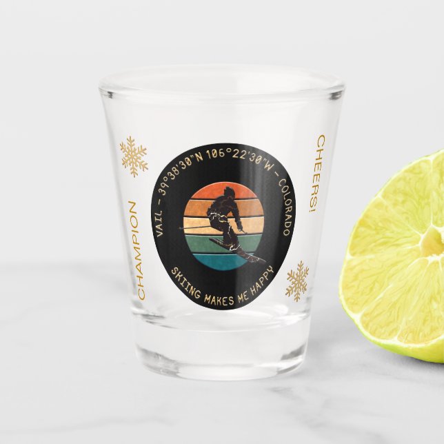 Ski Vail, Colorado - Man Skier, Golden Text Shot Glass (Front)