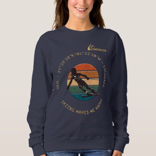 Ski Vail Colorado _ Woman Skier Golden Text Sweatshirt