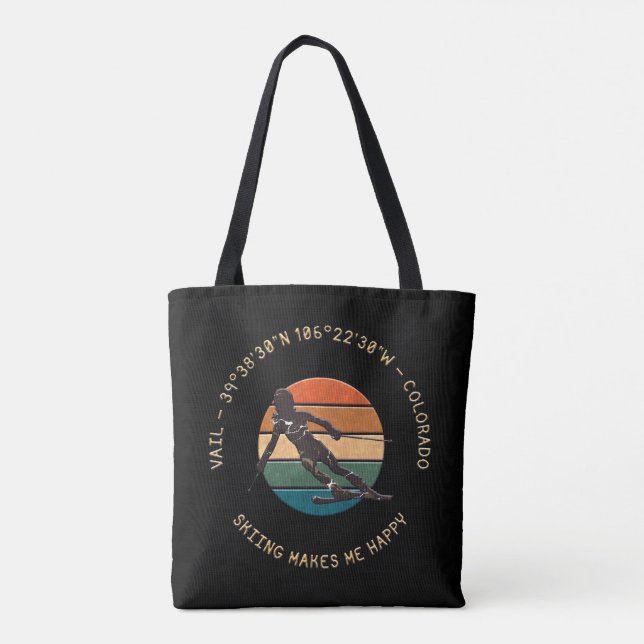 Ski Vail, Colorado - Woman Skier, Golden Text Tote Bag (Back)
