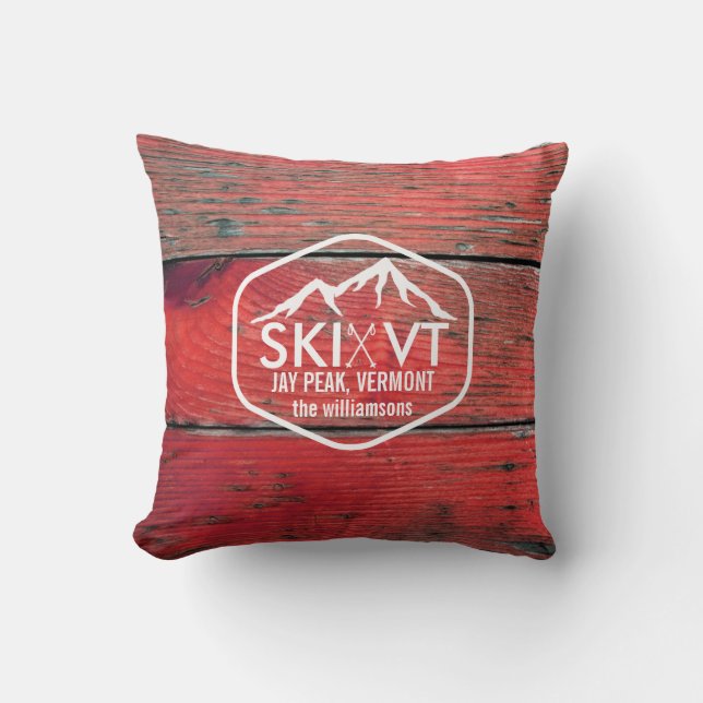 Ski Vermont Jay Peak Rustic Red Barnwood Throw Pillow (Front)