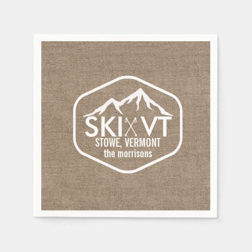 Ski Vermont Stowe Snow Mountain Rustic Burlap Paper Napkins