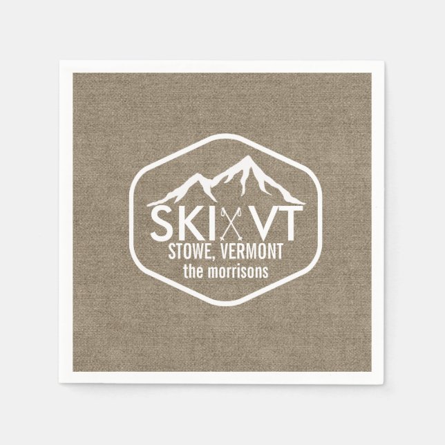 Ski Vermont Stowe Snow Mountain Rustic Burlap Paper Napkins (Front)