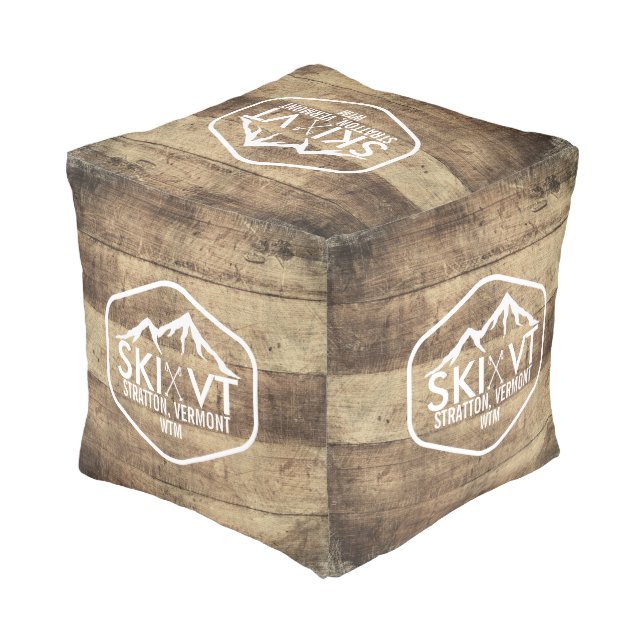 Ski Vermont Stratton Stowe Killington Rustic Wood Pouf (Angled Back)