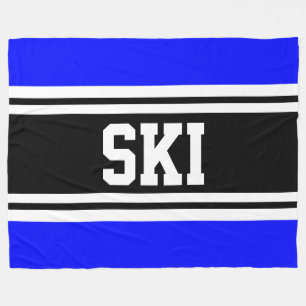 SKI Wide Bright Blue Black White Racing Stripes Fleece Blanket