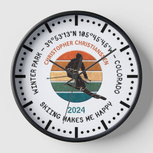 Ski Winter Park, Colorado - Man Skier, Black Text Clock