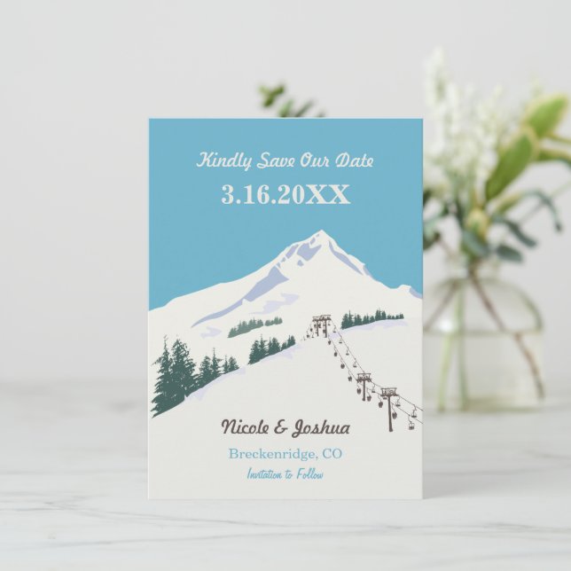 Ski Winter Scene Save the Date Card (Standing Front)