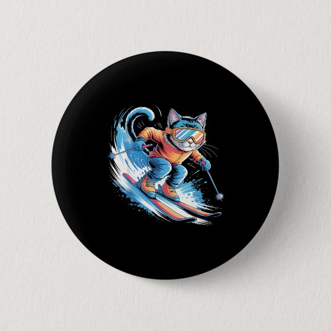 Ski winter sport skier funny skiing cat  button (Front)