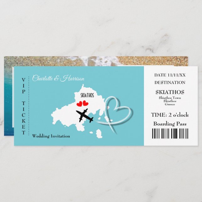 Skiathos Wedding Destination Ticket Boarding Pass Invitation (Front/Back)