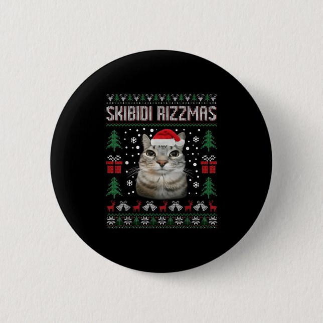 Skibidi Rizzmas Funny Silly Staring Cat Ugly Sweat Button (Front)