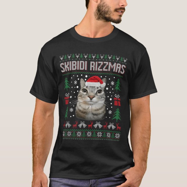 Skibidi Rizzmas Funny Silly Staring Cat Ugly Sweat T-Shirt (Front)