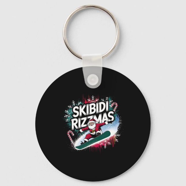 Skibidi Rizzmas Snowboarding Santa Funny Christmas Keychain (Front)