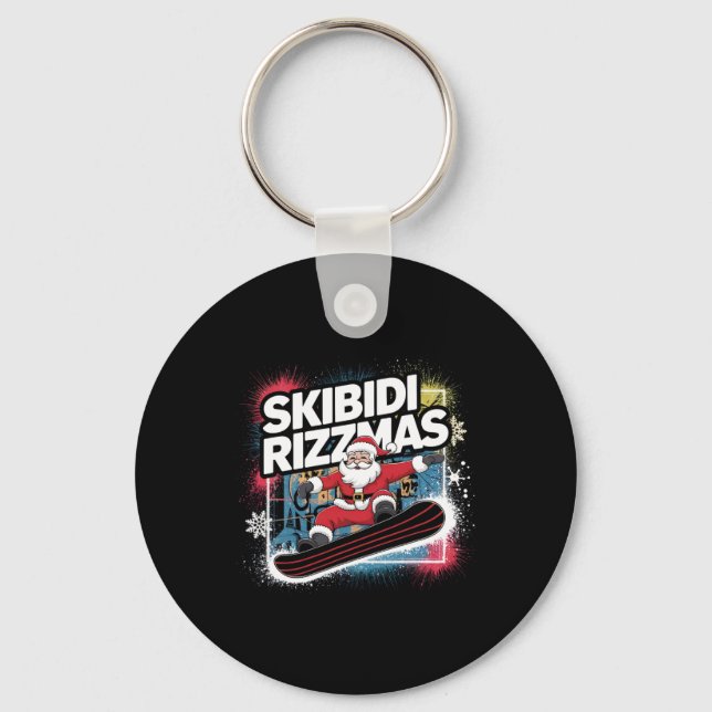 Skibidi Rizzmas Snowboarding Santa Funny Xmas Chri Keychain (Front)