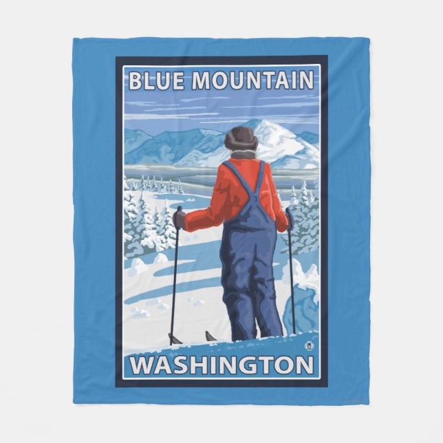 Skier Admiring - Blue Mountain, Washington Fleece Blanket (Front)