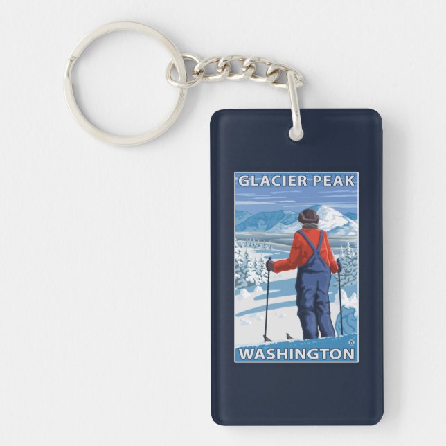 Skier Admiring - Glacier Peak, Washington Keychain (Front)