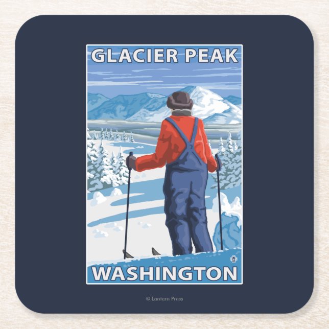 Skier Admiring - Glacier Peak, Washington Square Paper Coaster (Front)