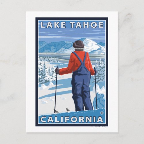 Skier Admiring _ Lake Tahoe California Postcard