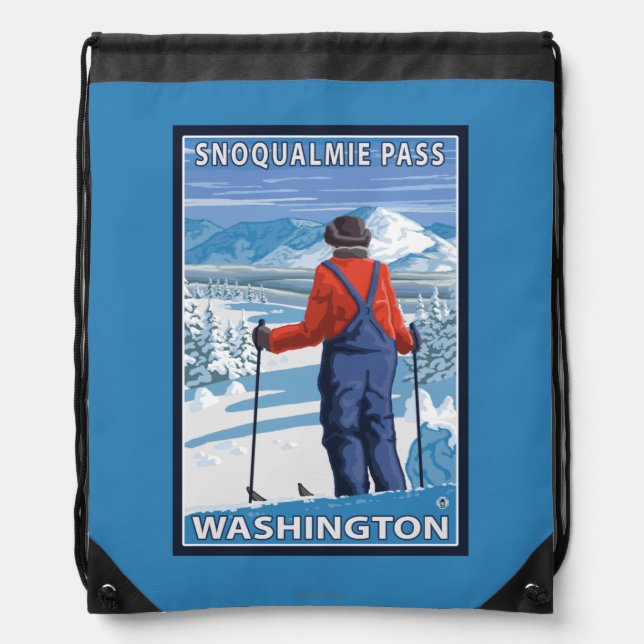 Skier Admiring - Snoqualmie Pass, Washington Drawstring Bag (Front)