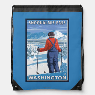 Skier Admiring - Snoqualmie Pass, Washington Drawstring Bag