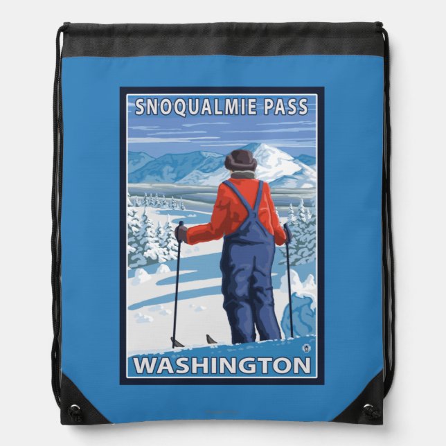 Skier Admiring - Snoqualmie Pass, Washington Drawstring Bag (Front)