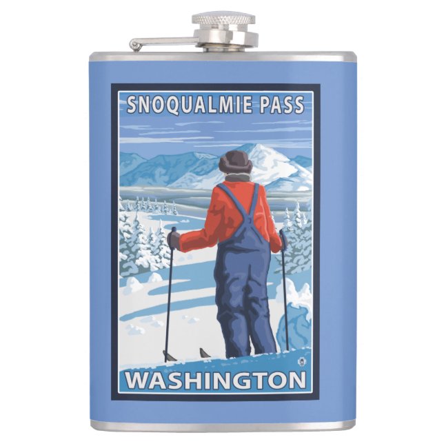 Skier Admiring - Snoqualmie Pass, Washington Flask (Front)