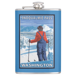 Skier Admiring - Snoqualmie Pass, Washington Hip Flask