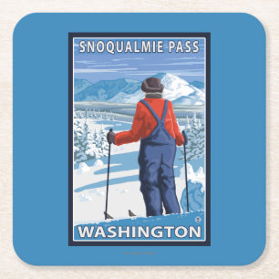 Skier Admiring - Snoqualmie Pass, Washington Square Paper Coaster