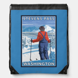 Skier Admiring - Stevens Pass, Washington Drawstring Bag