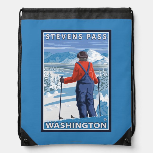 Skier Admiring - Stevens Pass, Washington Drawstring Bag (Front)