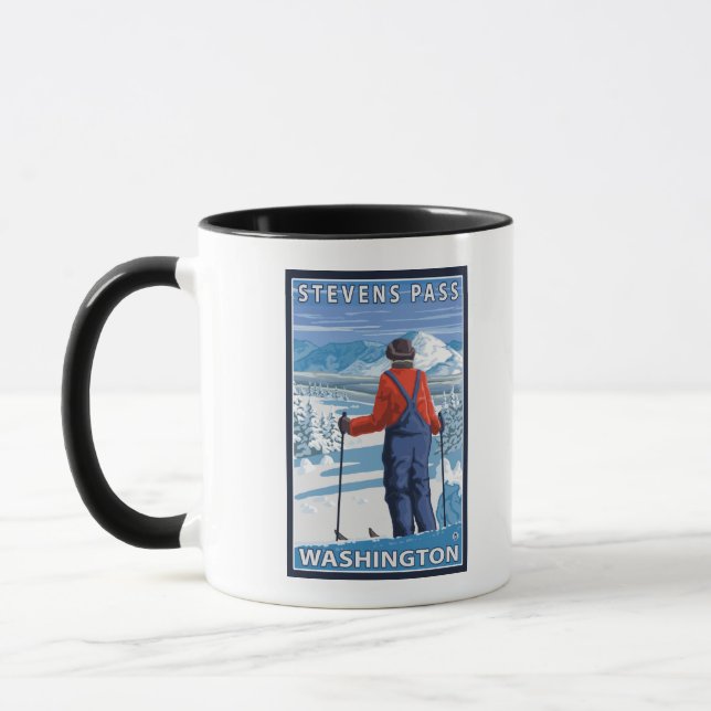 Skier Admiring - Stevens Pass, Washington Mug (Left)