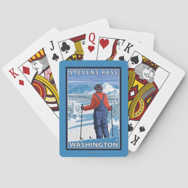 Skier Admiring - Stevens Pass, Washington Poker Cards (Back)