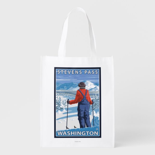Skier Admiring - Stevens Pass, Washington Reusable Grocery Bag (Front)