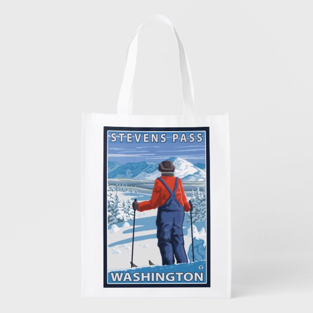 Skier Admiring - Stevens Pass, Washington Reusable Grocery Bag (Front)