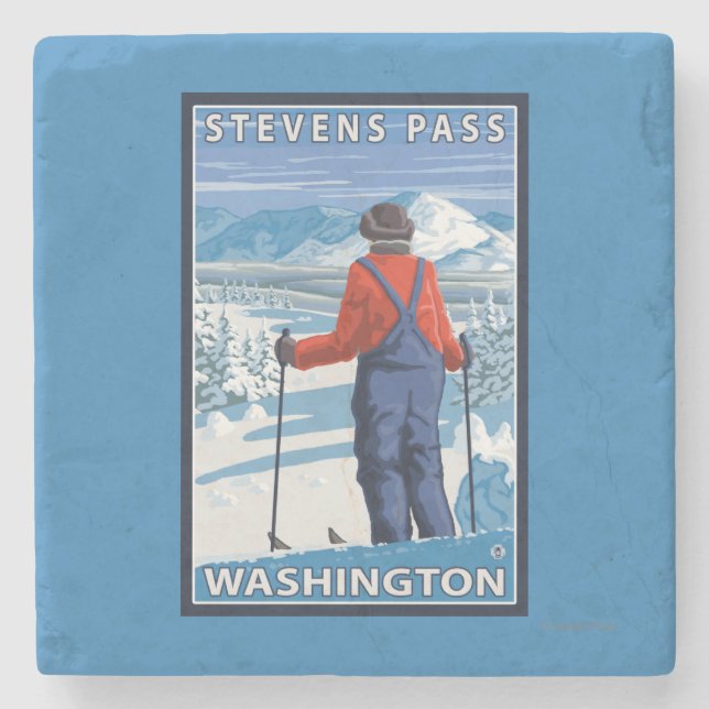 Skier Admiring - Stevens Pass, Washington Stone Coaster (Front)