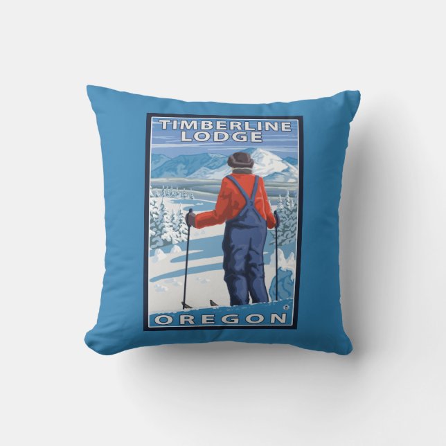 Skier Admiring - Timberline Lodge, Oregon Throw Pillow (Front)