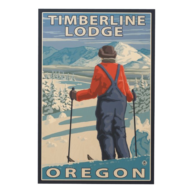 Skier Admiring - Timberline Lodge, Oregon Wood Wall Art (Front)
