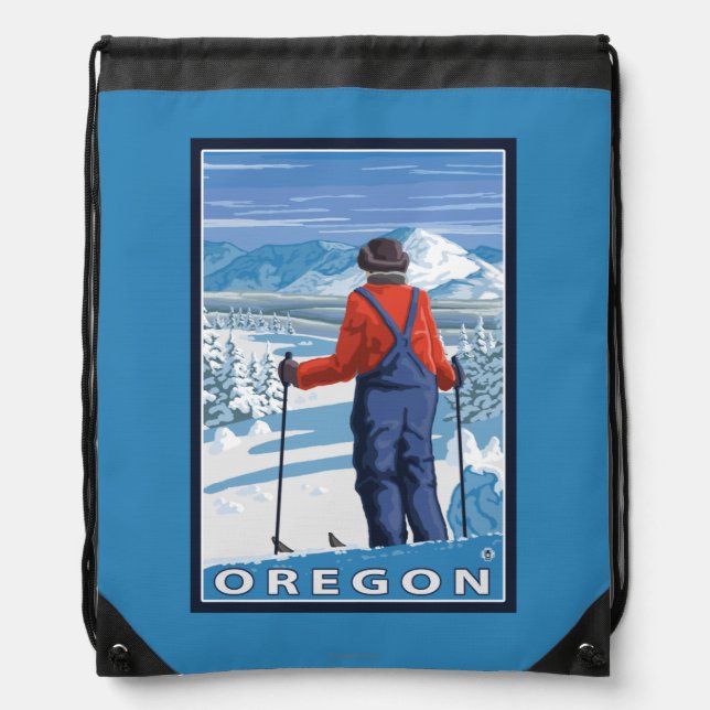 Skier Admiring- Vintage Travel Poster Drawstring Bag (Front)