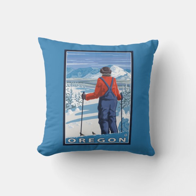 Skier Admiring- Vintage Travel Poster Throw Pillow (Front)