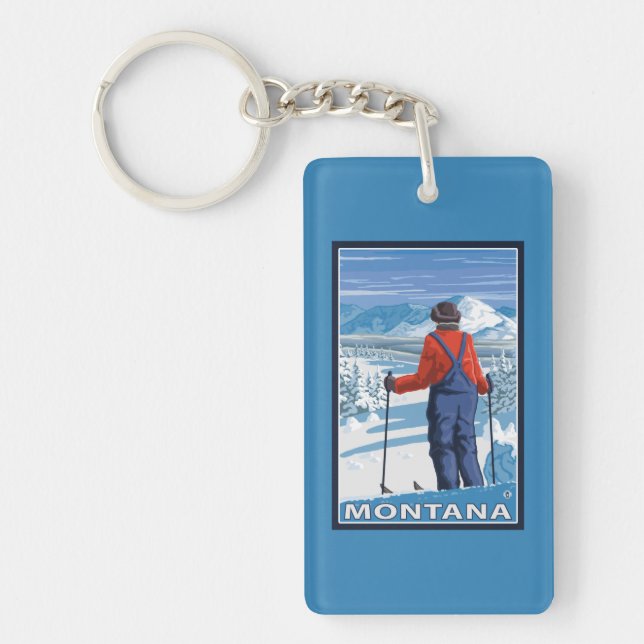 Skier AdmiringMontanaVintage Travel Poster Keychain (Front)