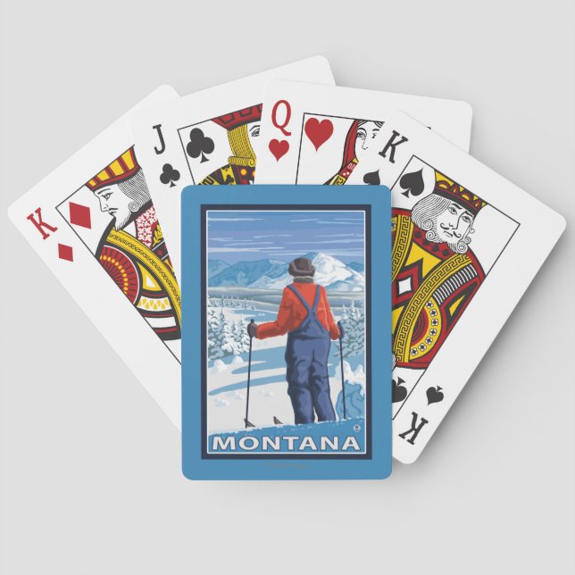 Skier AdmiringMontanaVintage Travel Poster Poker Cards (Back)