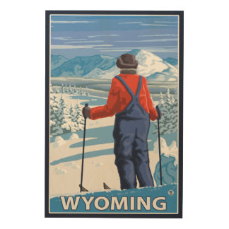 Skier AdmiringWyoming Wood Wall Art