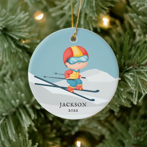 Skier Boy Personalized Christmas Ceramic Ornament