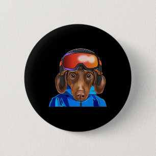 Skier Brown Dachshund Snowboarding Pocket Button