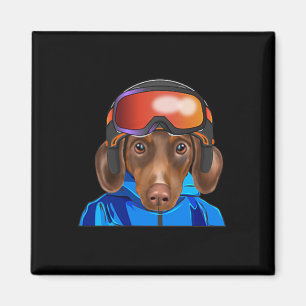 Skier Brown Dachshund Snowboarding Pocket Magnet