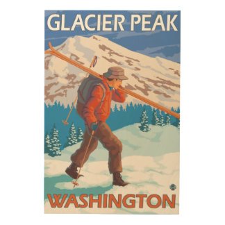 Skier Carrying Snow Skis - Glacier Peak, WA Wood Wall Art