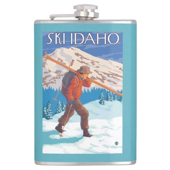 Skier Carrying Snow Skis - Idaho Hip Flask (Front)