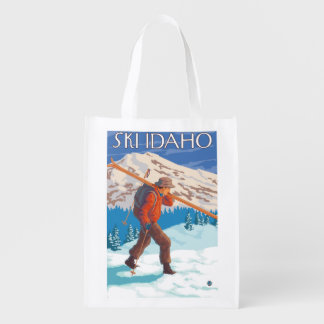 Skier Carrying Snow Skis - Idaho Reusable Grocery Bag
